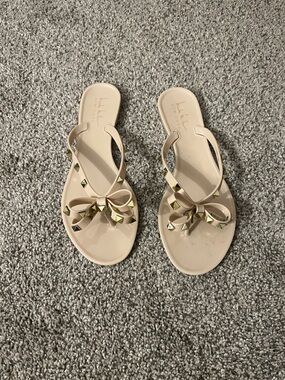 Nicole Miller Nude Jelly Bow Sandals with Gold Stud Accents